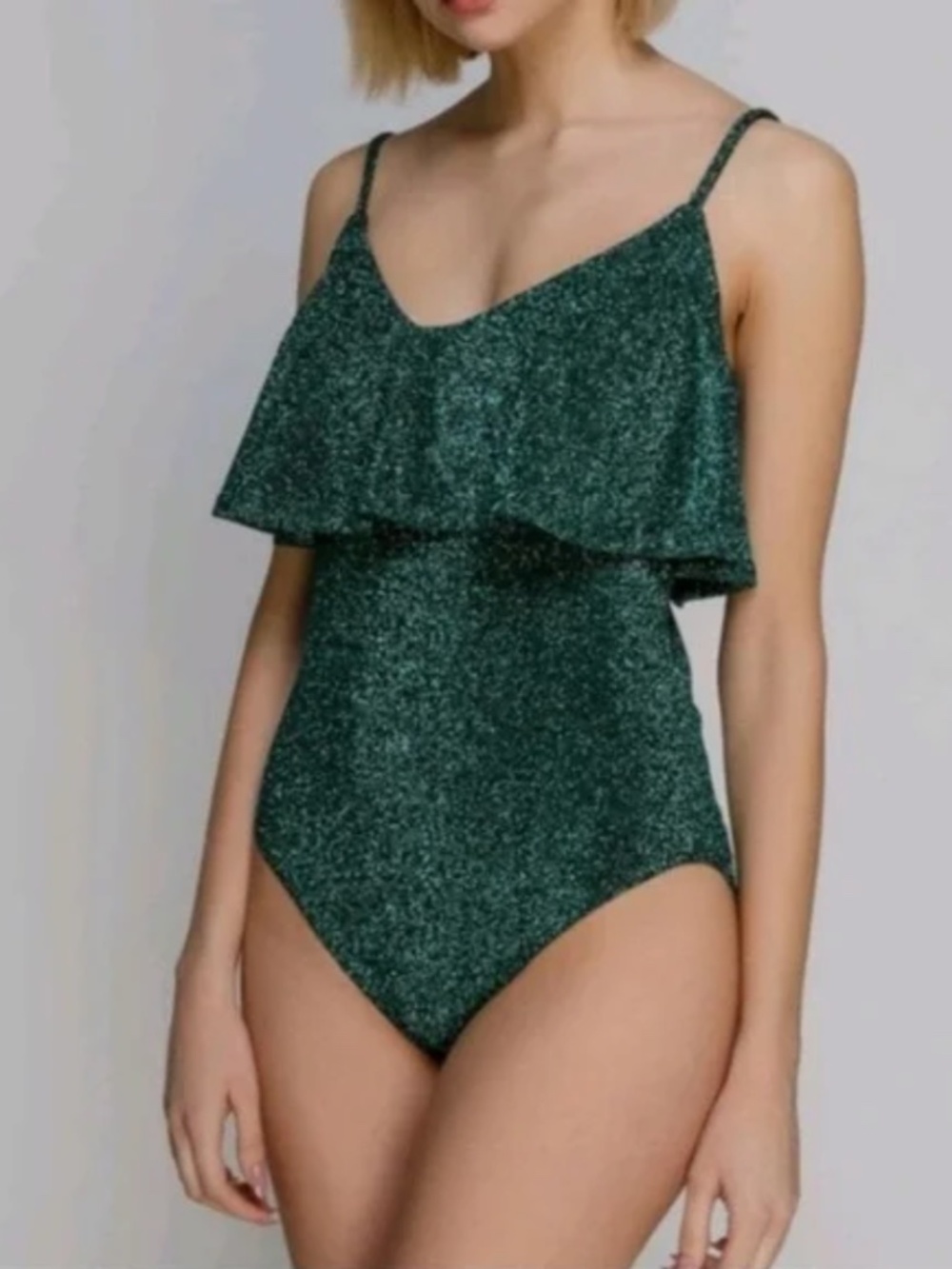 Zara Green Metallic Sparkle Ruffle Spaghetti Strap Body Suit